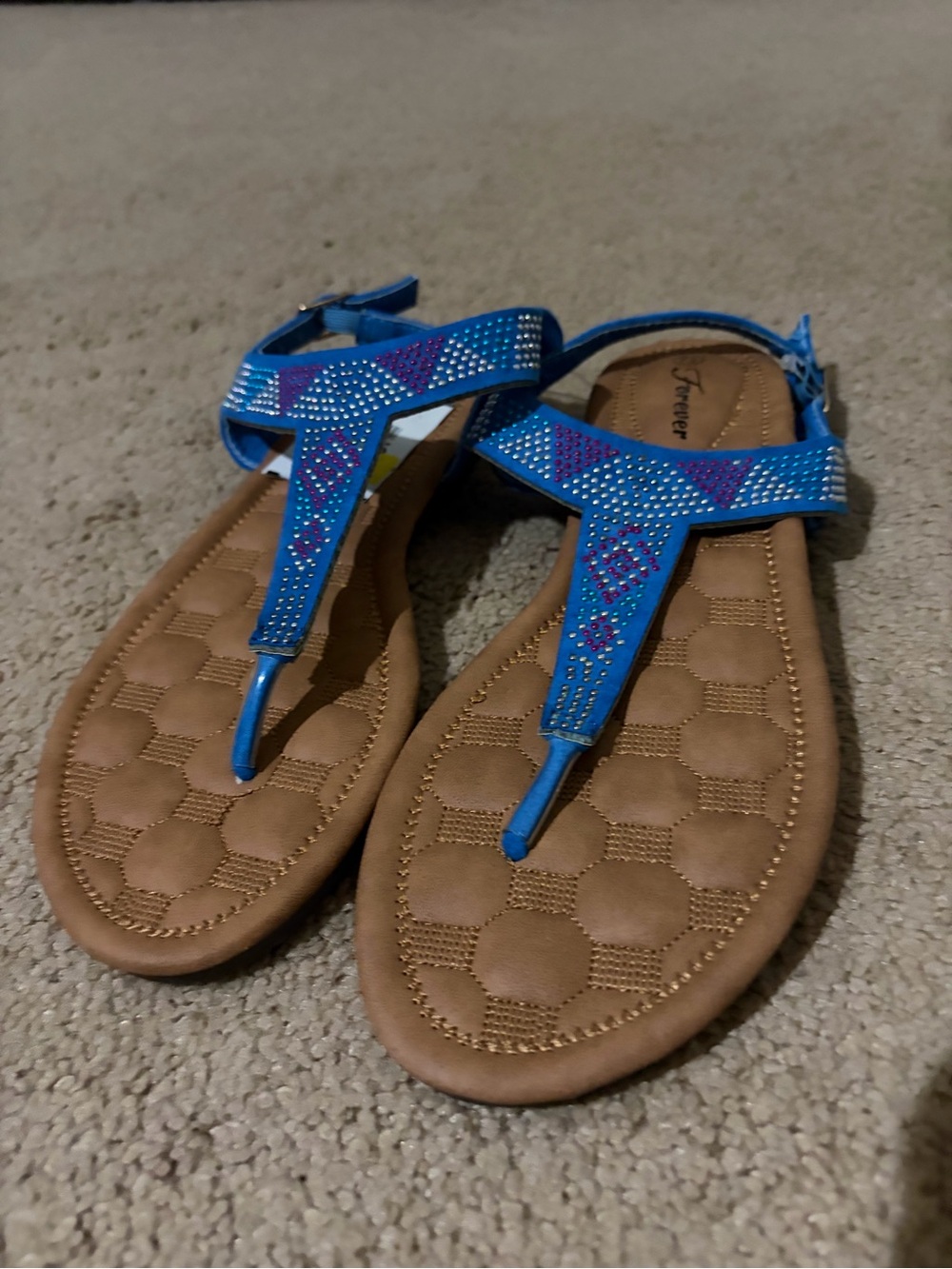 NWOT Forever Blue T-Strap Rhinestone Sandals for Women
